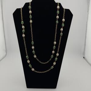 Costume Jewelry Long 54" Necklace, Faux Jade And Pearl, Vintage MCM